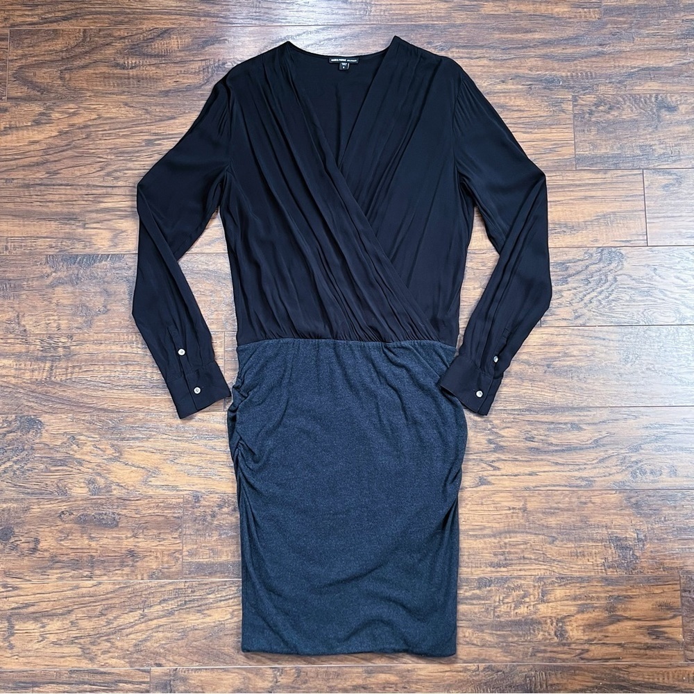 James Perse • Collage Wrap Mini Dress two tone black grey plunge surplice - Picture 2 of 11